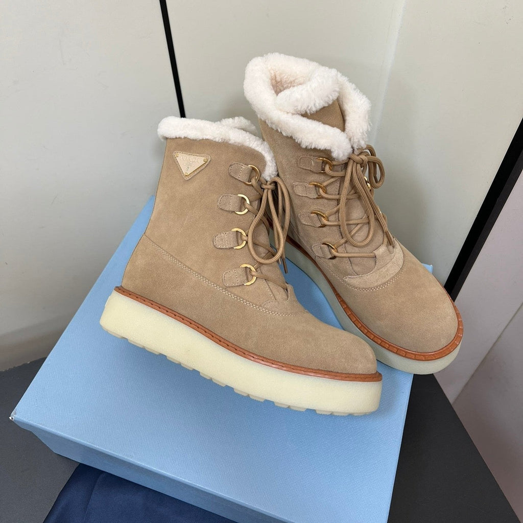 PRADA LACE-UP ANKLE BOOTS IN TAN BEIGE SUEDE AND SHEARLING LINING