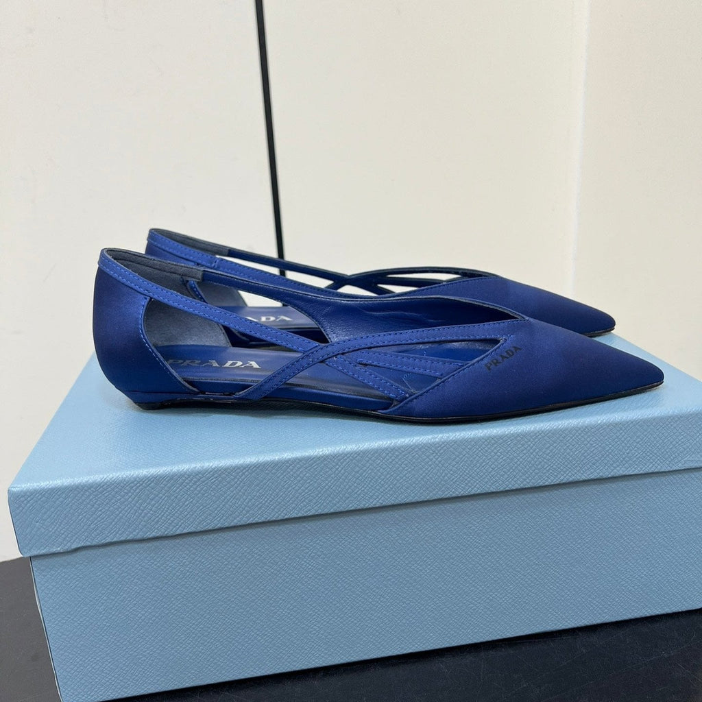 PRADA CUT-OUT BALLERINAS IN NAVY BLUE SATIN