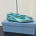 PRADA CUT-OUT BALLERINA FLAT IN TURQUOISE BLUE SATIN ATTACHED BEAD BUCKLE