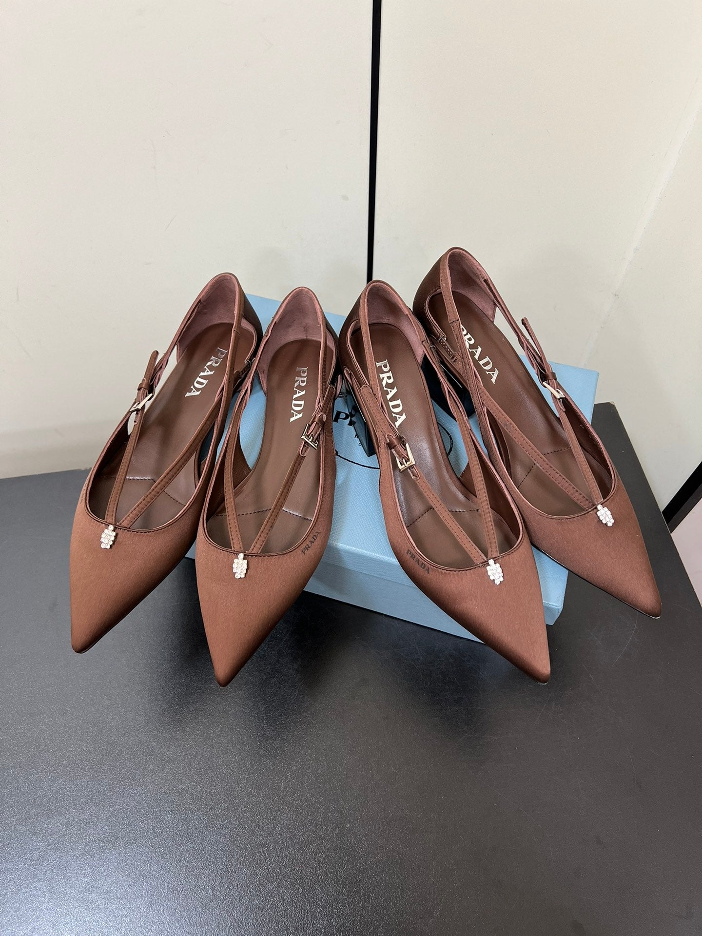 PRADA CUT-OUT BALLERINA FLAT IN CHOCOLATE BROWN SATIN ATTACHED BEAD BUCKLE