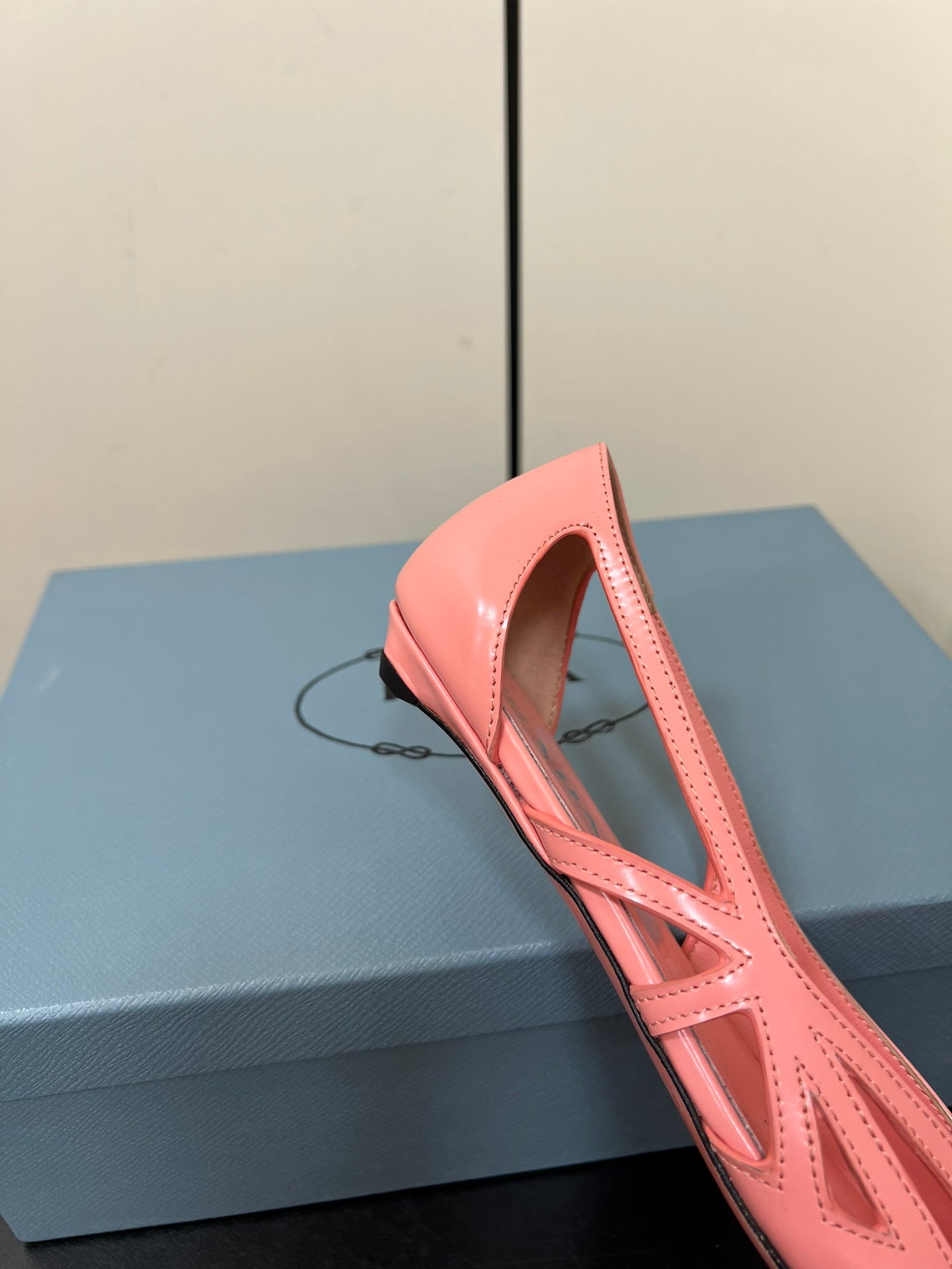 PRADA BRUSHED CUT-OUT BALLERINA FLAT IN SALMON PINK CALFSKIN