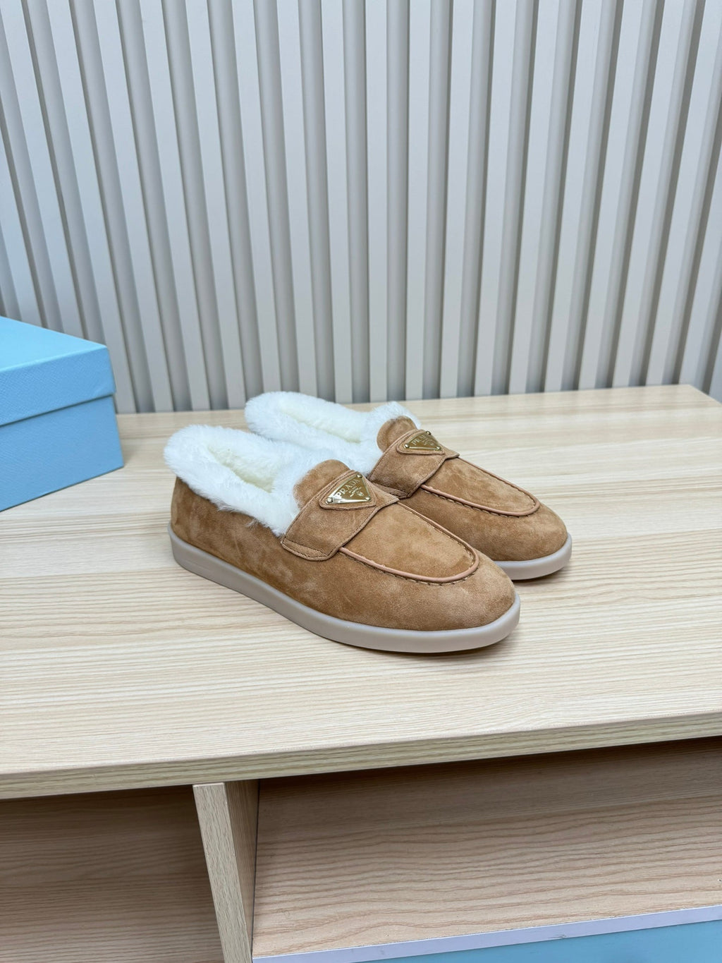 PRADA LOAFER IN CAMEL SUEDE AND FUR LINING ATTACHED TRIANGLE LOGO