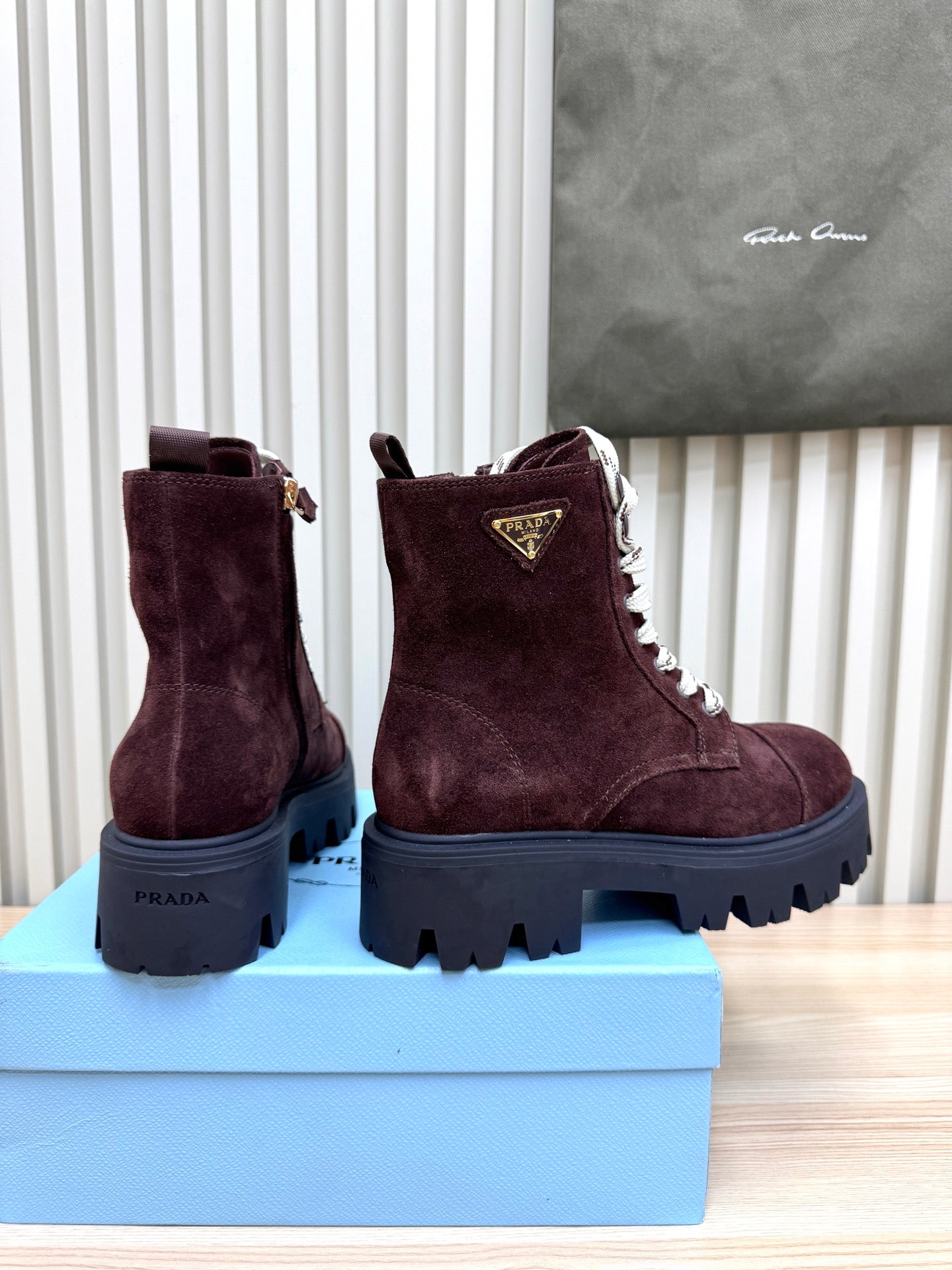 PRADA 25S MONOLITH BOOTS IN RK PLUM BROWN SUEDE