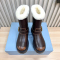 PRADA 25S MARTIN BOOTS IN RK BROWN CALFSKIN FUR-LINED