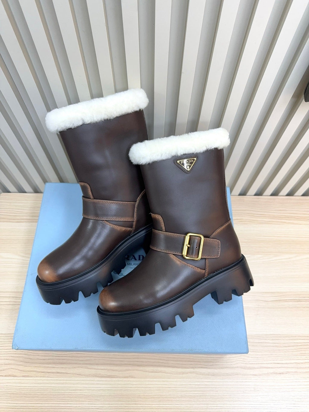 PRADA 25S MARTIN BOOTS IN RK BROWN CALFSKIN FUR-LINED