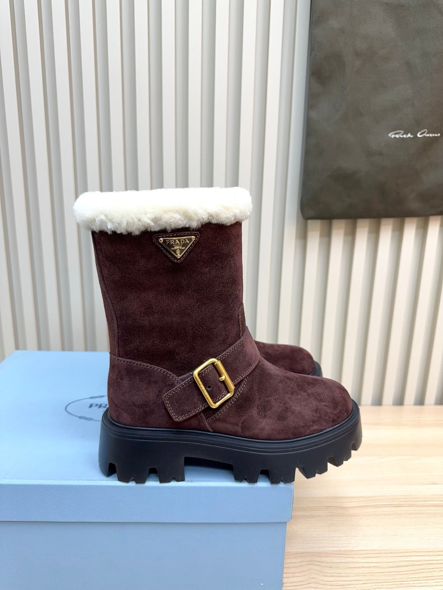 PRADA 25S MARTIN BOOTS IN RK BURGUNDY BROWN SUEDE FUR-LINED