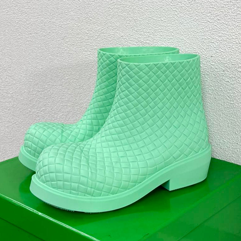 BOTTEGA VENETA FIREMAN BOOTS IN GREEN MINT RUBBER WITH ICONIC INTRECCIO MOTIF