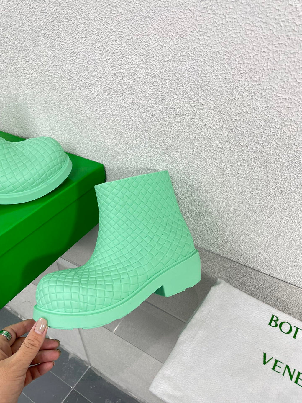 BOTTEGA VENETA FIREMAN BOOTS IN GREEN MINT RUBBER WITH ICONIC INTRECCIO MOTIF