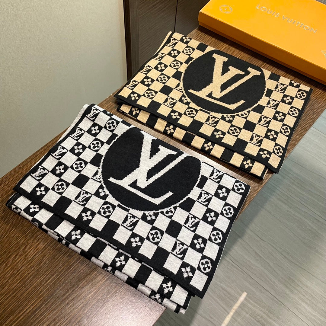 LOUIS VUITTON CLASSIC DAMIER SCARF 200 CM IN TORTILLA BROWN MIX BLACK CASHMERE 389749