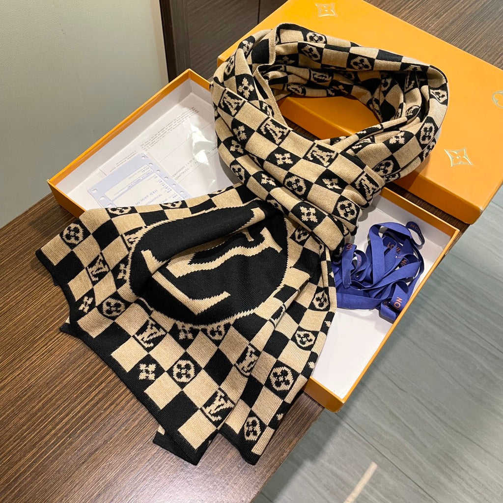 LOUIS VUITTON CLASSIC DAMIER SCARF 200 CM IN TORTILLA BROWN MIX BLACK CASHMERE 389749