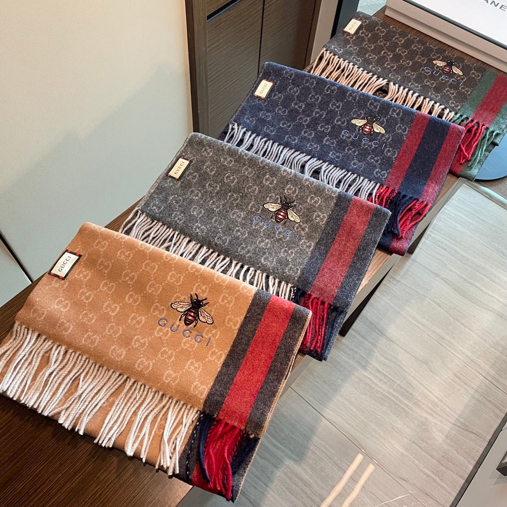 GUCCI STRIPED SCARF 200 CM IN DARK GRAY CASHMERE WITH EMBROIDERED BEE 398533