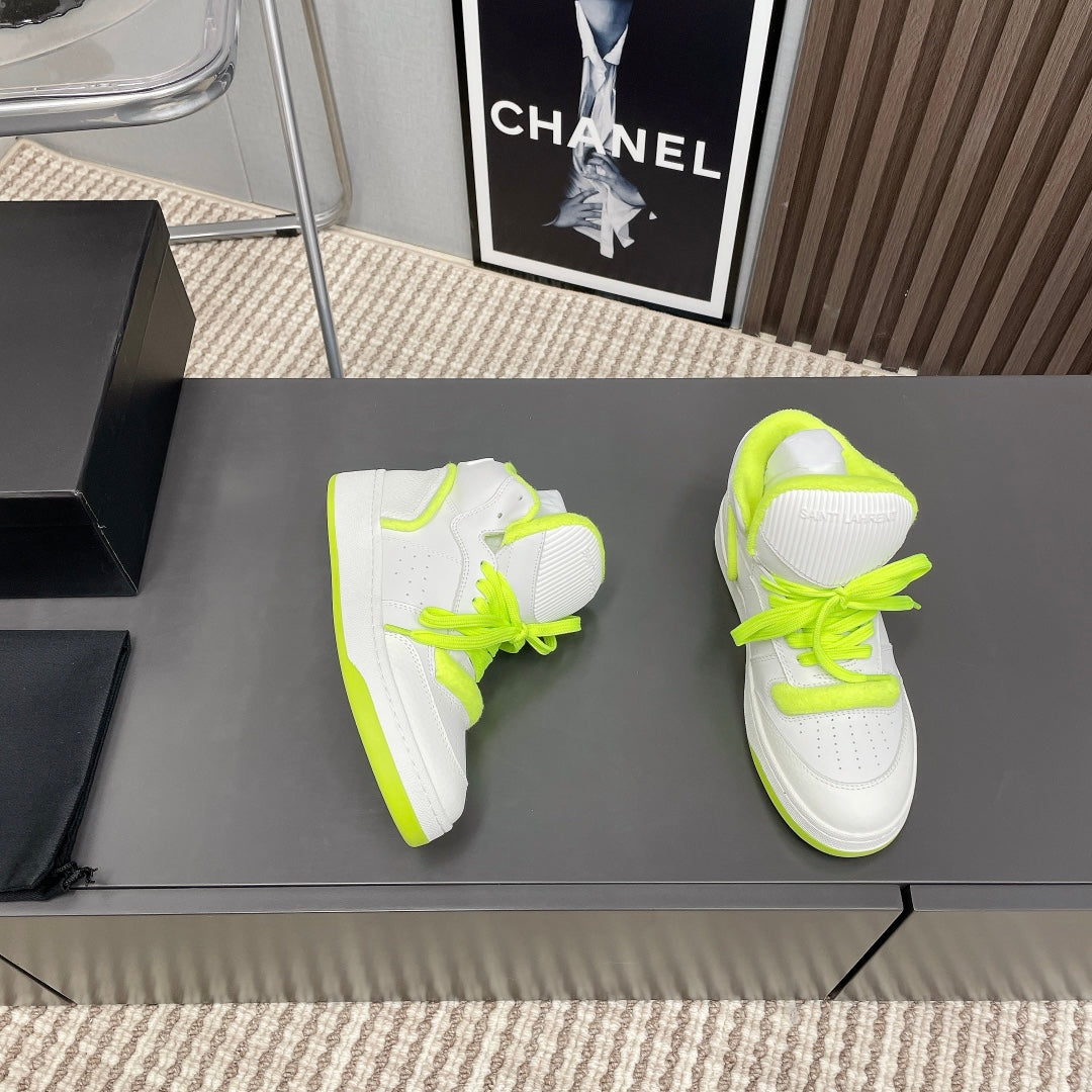 LOUIS VUITTON HIGH-TOP SNEAKERS IN WHITE MIX NEON GREEN CALFSKIN