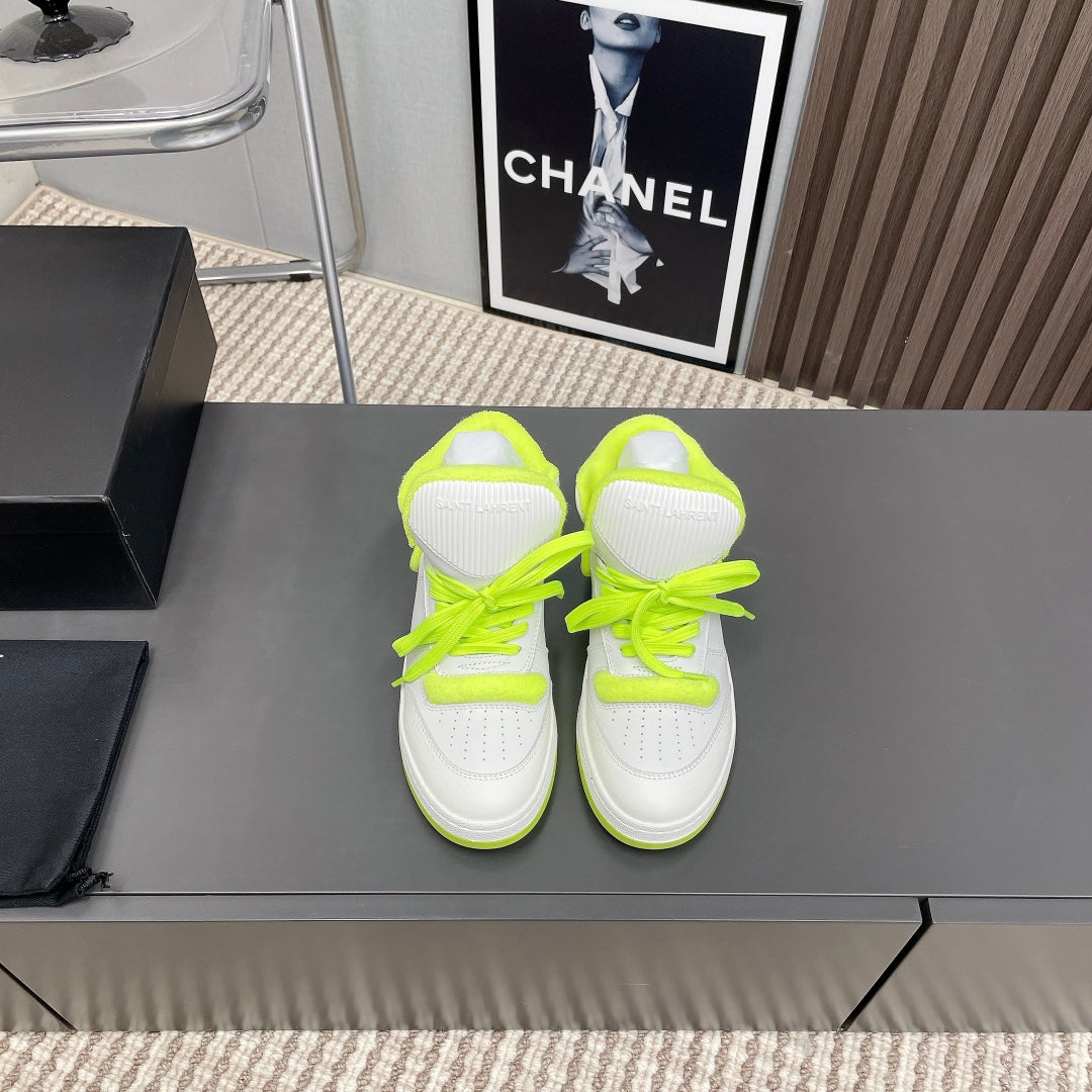 LOUIS VUITTON HIGH-TOP SNEAKERS IN WHITE MIX NEON GREEN CALFSKIN