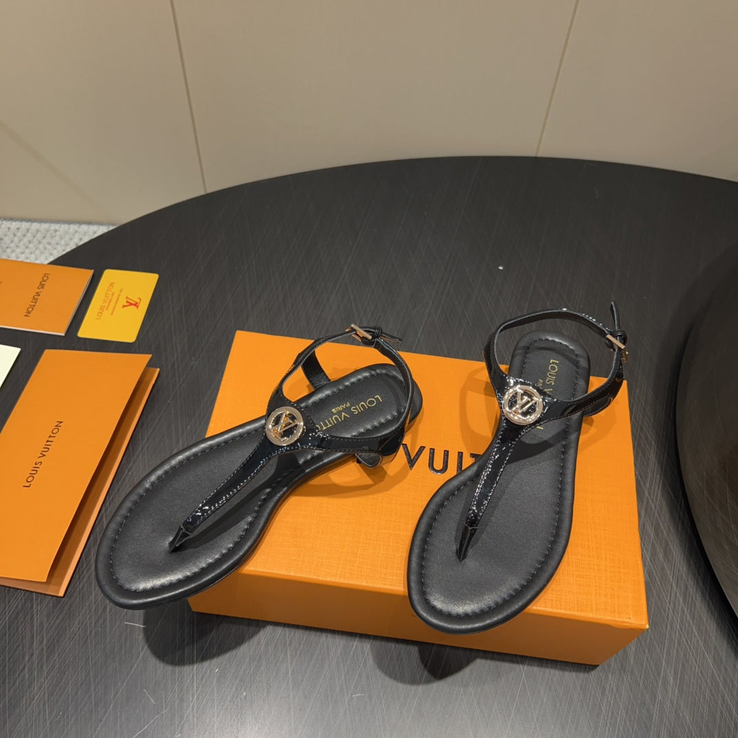 LOUIS VUITTON LV THONG SANDALS 25S IN BLACK CALFSKIN WITH GOLD HARDWARE