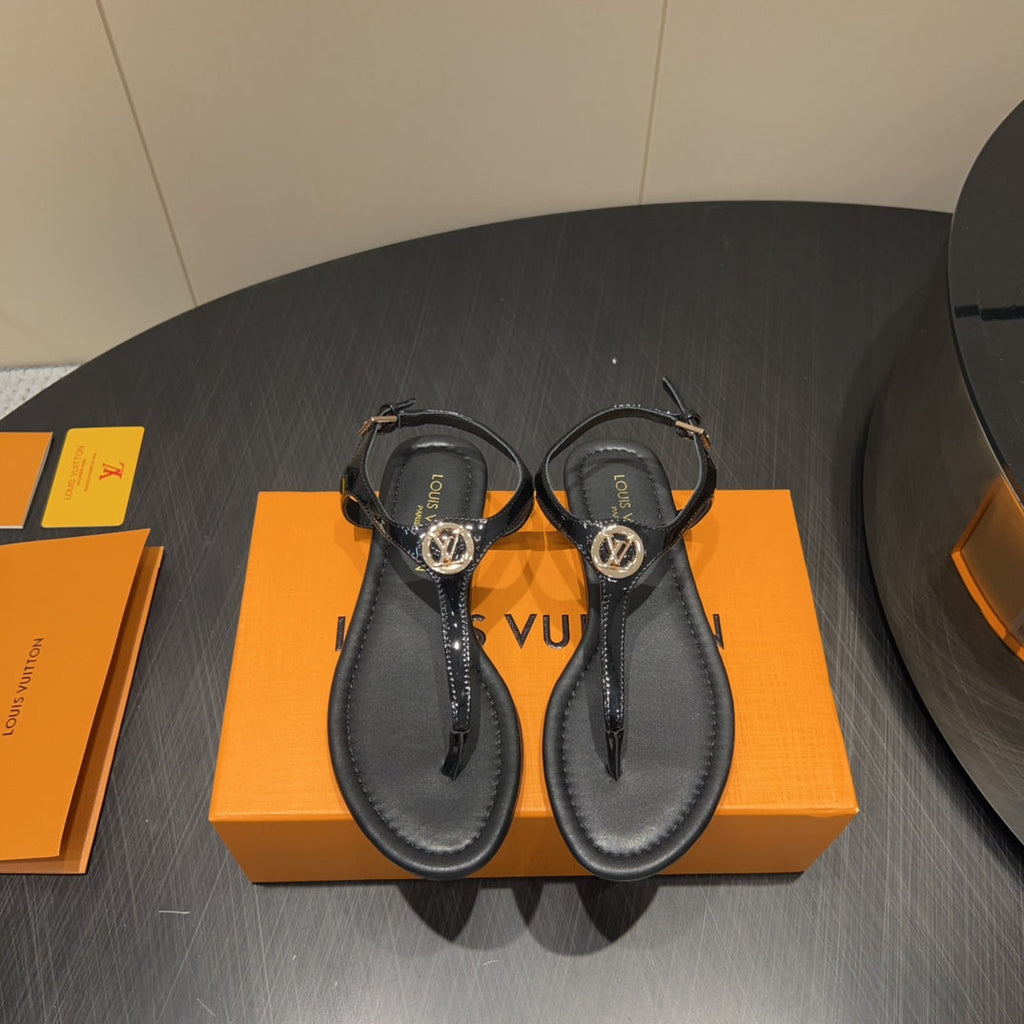 LOUIS VUITTON LV THONG SANDALS 25S IN BLACK CALFSKIN WITH GOLD HARDWARE