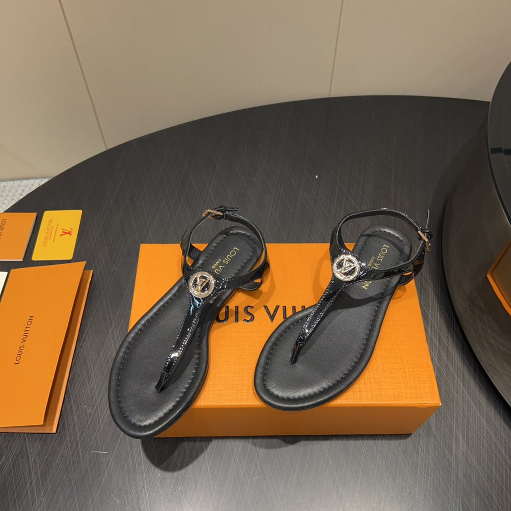 LOUIS VUITTON LV THONG SANDALS 25S IN BLACK CALFSKIN WITH GOLD HARDWARE
