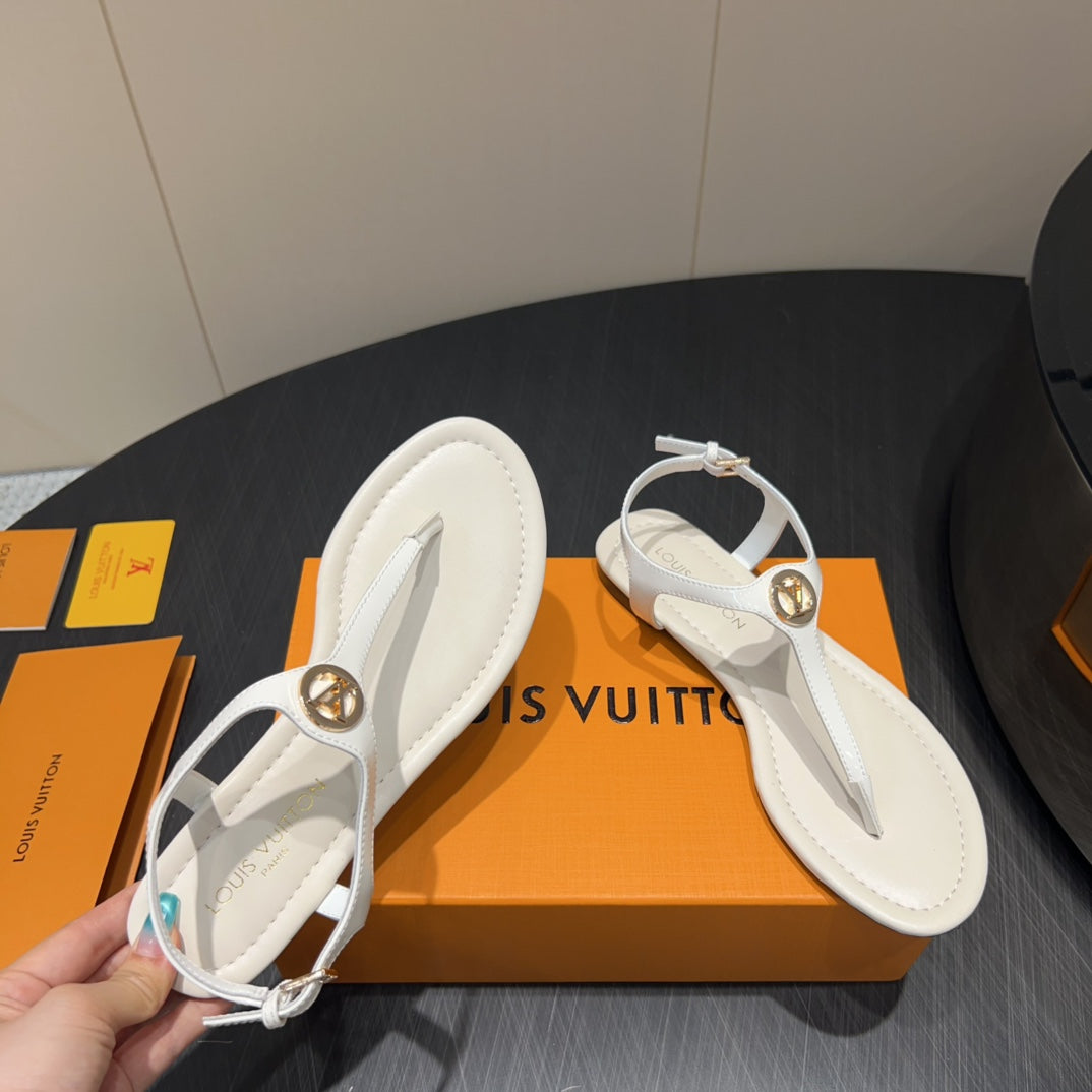 LOUIS VUITTON LV THONG SANDALS 25S IN WHITE CALFSKIN WITH GOLD HARDWARE