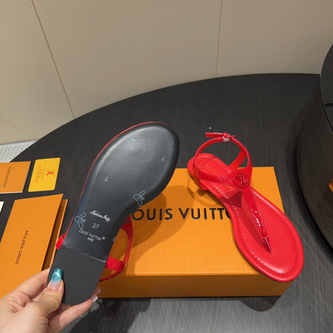LOUIS VUITTON LV THONG SANDALS 25S IN RED CALFSKIN WITH RED HARDWARE