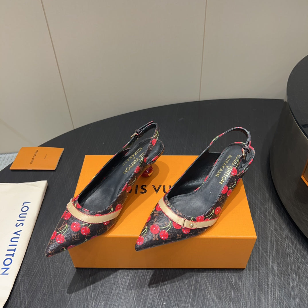 LOUIS VUITTON LV HIGH SLINGBACK LOGO AND CHERRY PRINT 25S 55MM IN DARK BROWN CALFSKIN