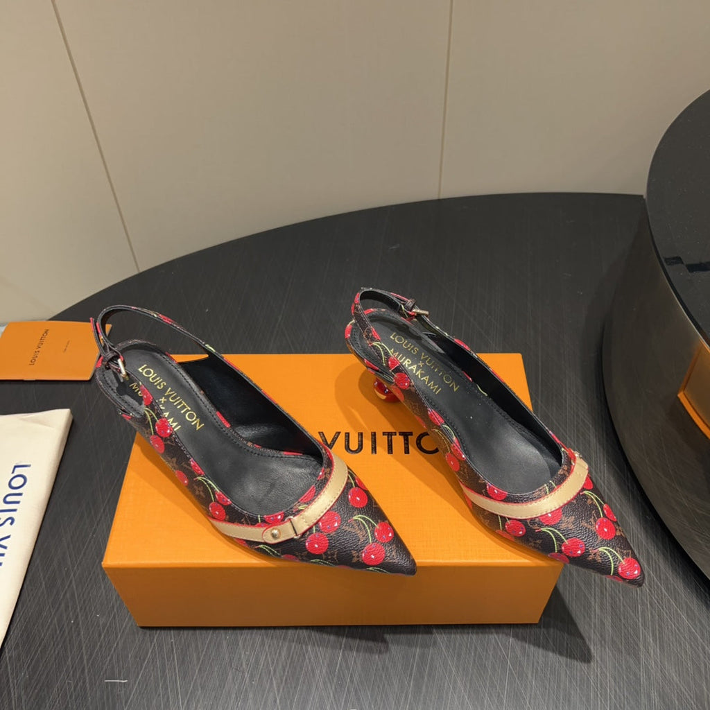 LOUIS VUITTON LV HIGH SLINGBACK LOGO AND CHERRY PRINT 25S 55MM IN DARK BROWN CALFSKIN