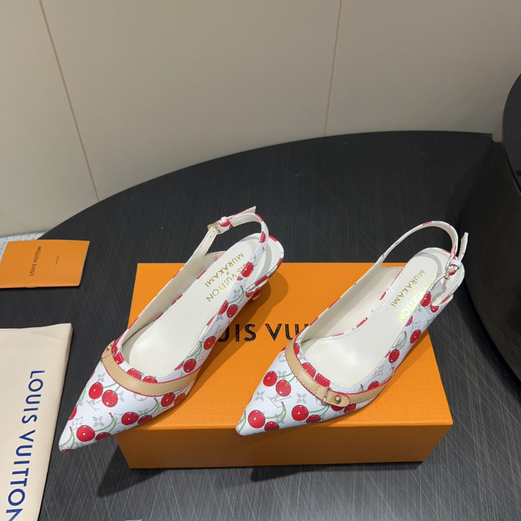 LOUIS VUITTON LV HIGH SLINGBACK LOGO AND CHERRY PRINT 25S 55 MM IN WHITE CALFSKIN