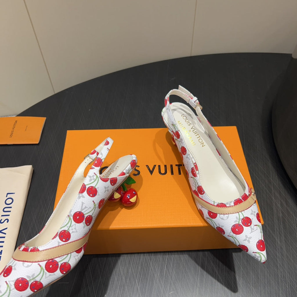 LOUIS VUITTON LV HIGH SLINGBACK LOGO AND CHERRY PRINT 25S 55 MM IN WHITE CALFSKIN