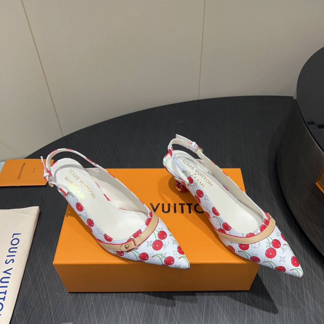LOUIS VUITTON LV HIGH SLINGBACK LOGO AND CHERRY PRINT 25S 55 MM IN WHITE CALFSKIN