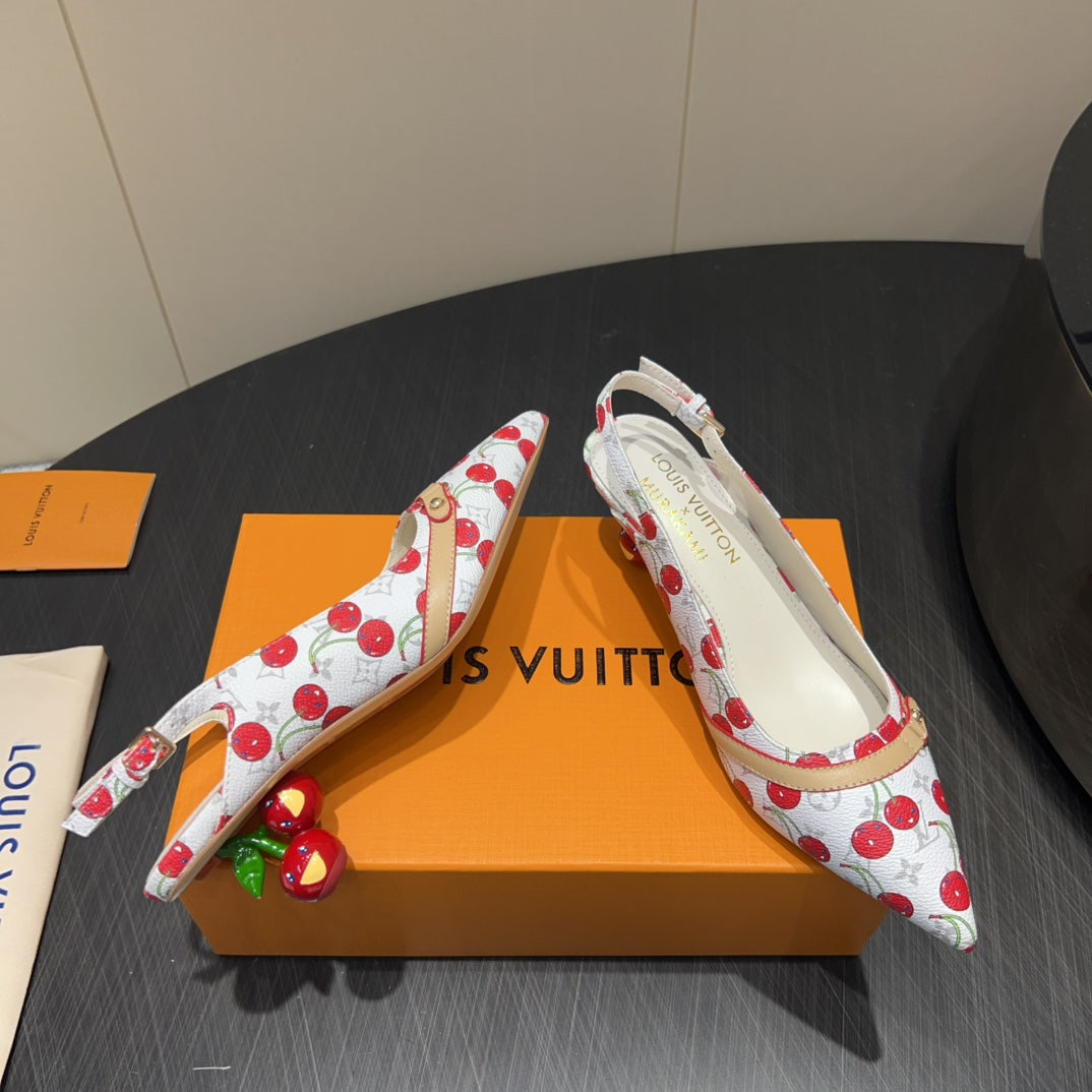 LOUIS VUITTON LV HIGH SLINGBACK LOGO AND CHERRY PRINT 25S 55 MM IN WHITE CALFSKIN