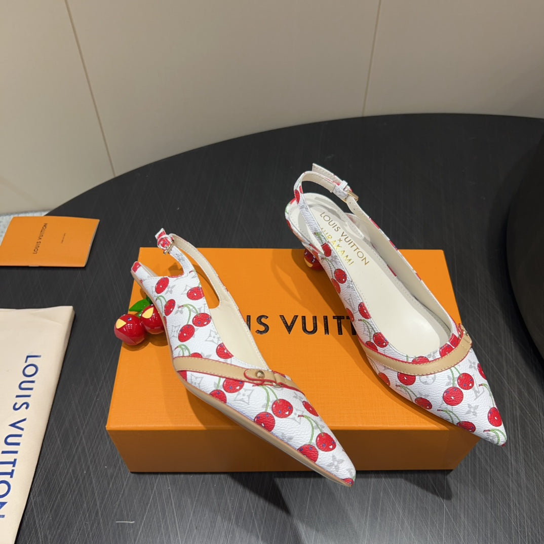LOUIS VUITTON LV HIGH SLINGBACK LOGO AND CHERRY PRINT 25S 55 MM IN WHITE CALFSKIN