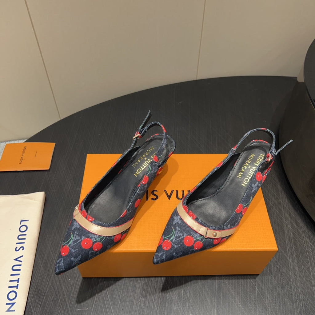 LOUIS VUITTON LV HIGH SLINGBACK LOGO AND CHERRY PRINT 25S 55MM IN CHARCOAL BLACK DENIM