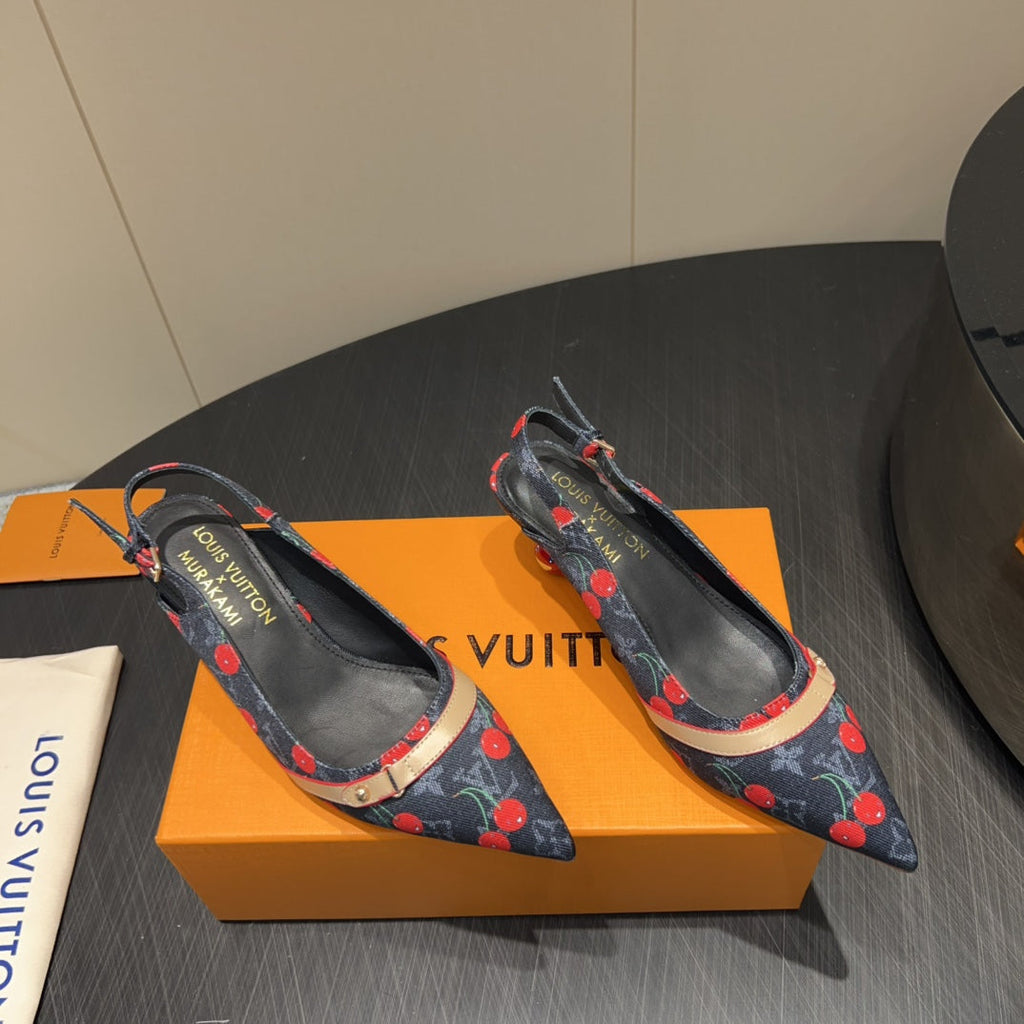 LOUIS VUITTON LV HIGH SLINGBACK LOGO AND CHERRY PRINT 25S 55MM IN CHARCOAL BLACK DENIM