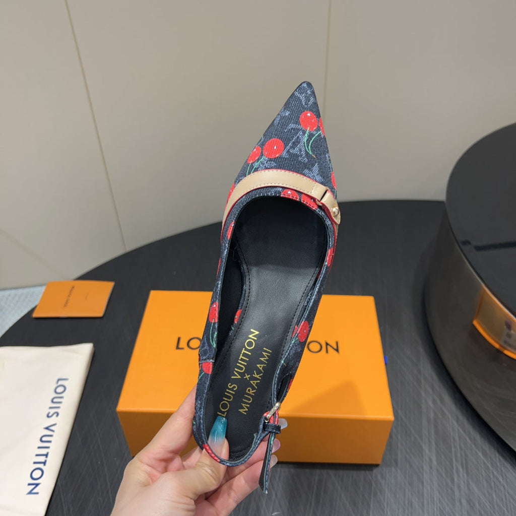 LOUIS VUITTON LV HIGH SLINGBACK LOGO AND CHERRY PRINT 25S 55MM IN CHARCOAL BLACK DENIM