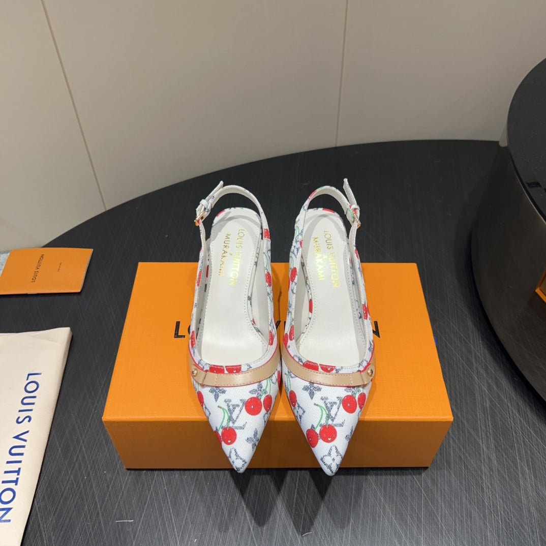 LOUIS VUITTON LV HIGH SLINGBACK LOGO AND CHERRY PRINT 25S 55MM IN WHITE DENIM