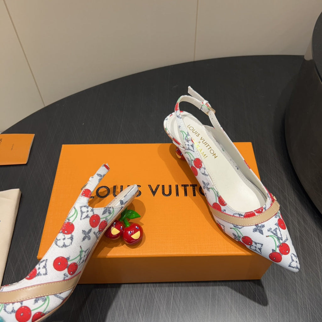 LOUIS VUITTON LV HIGH SLINGBACK LOGO AND CHERRY PRINT 25S 55MM IN WHITE DENIM