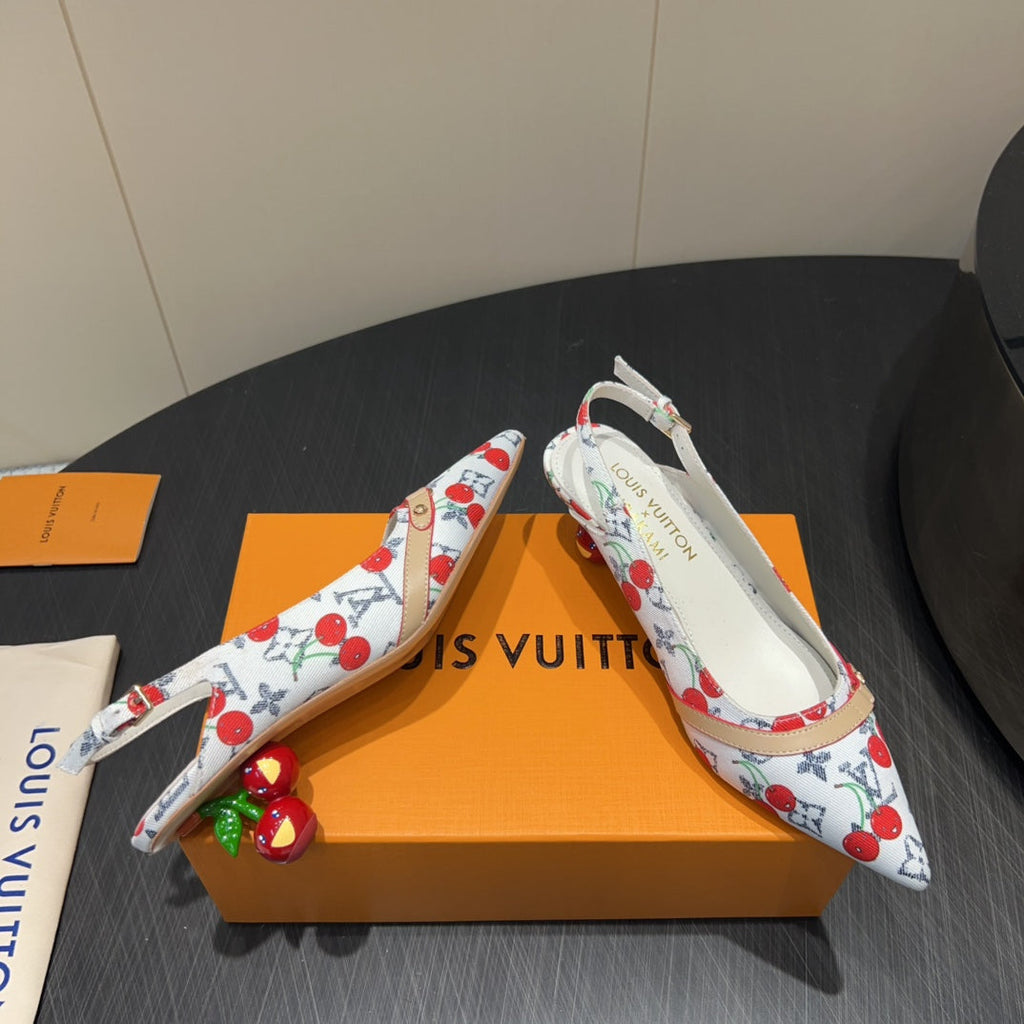 LOUIS VUITTON LV HIGH SLINGBACK LOGO AND CHERRY PRINT 25S 55MM IN WHITE DENIM