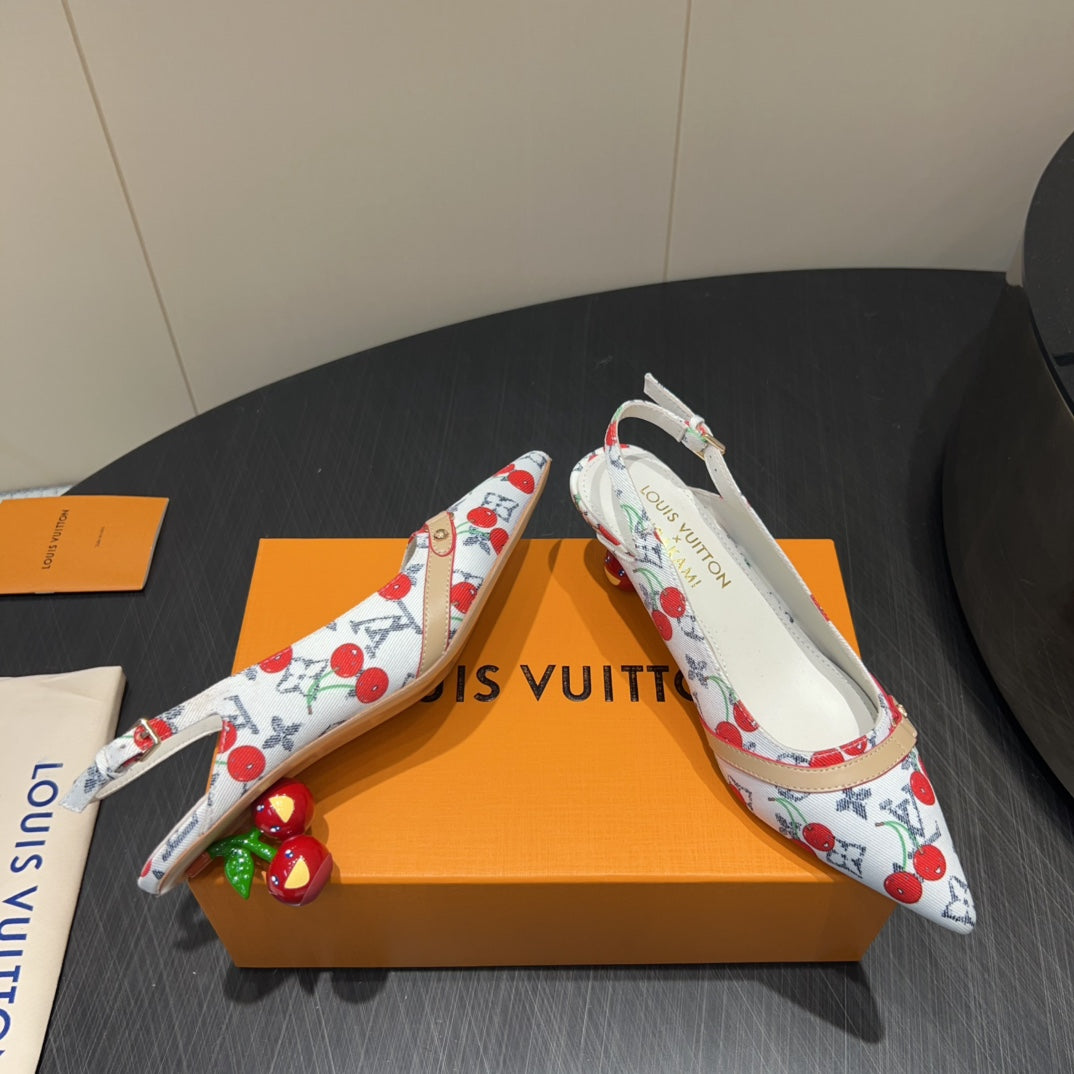 LOUIS VUITTON LV HIGH SLINGBACK LOGO AND CHERRY PRINT 25S 55MM IN WHITE DENIM