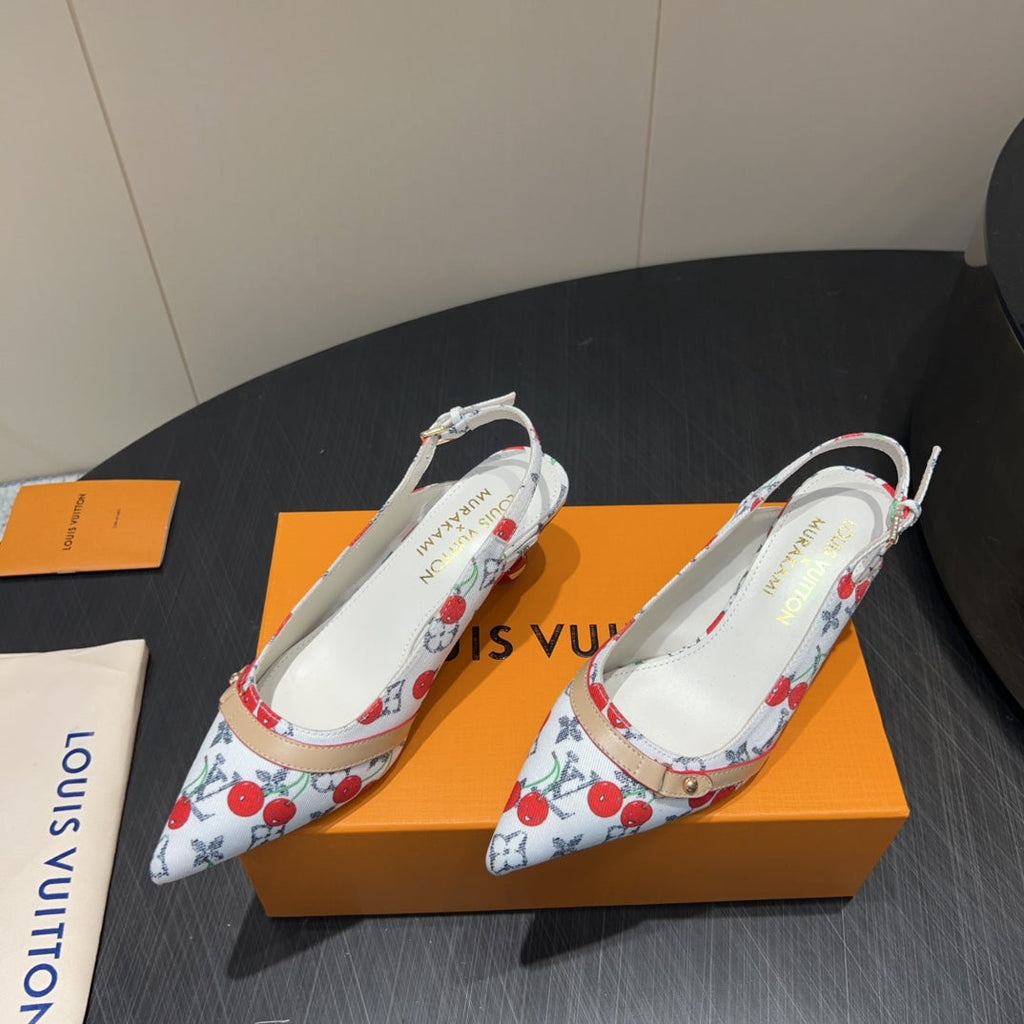 LOUIS VUITTON LV HIGH SLINGBACK LOGO AND CHERRY PRINT 25S 55MM IN WHITE DENIM
