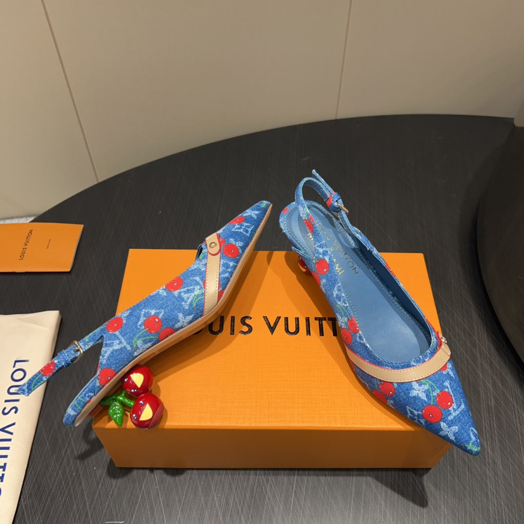 LOUIS VUITTON LV HIGH SLINGBACK LOGO AND CHERRY PRINT 25S 55MM IN BLUE DENIM