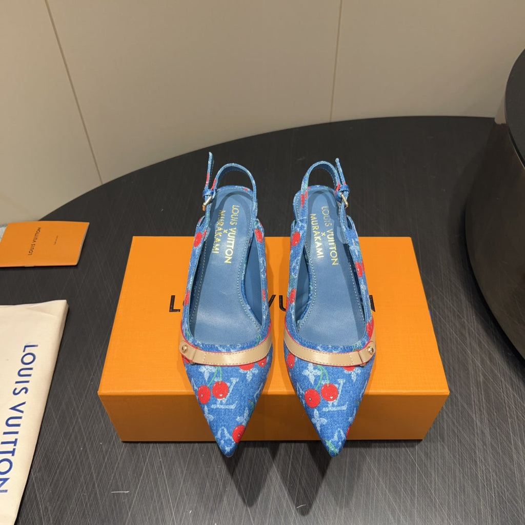 LOUIS VUITTON LV HIGH SLINGBACK LOGO AND CHERRY PRINT 25S 55MM IN BLUE DENIM