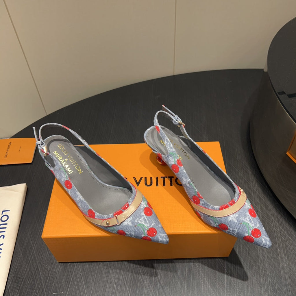 LOUIS VUITTON LV HIGH SLINGBACK LOGO AND CHERRY PRINT 25S 55MM IN GREY DENIM
