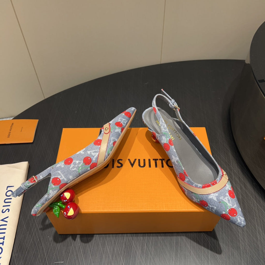 LOUIS VUITTON LV HIGH SLINGBACK LOGO AND CHERRY PRINT 25S 55MM IN GREY DENIM