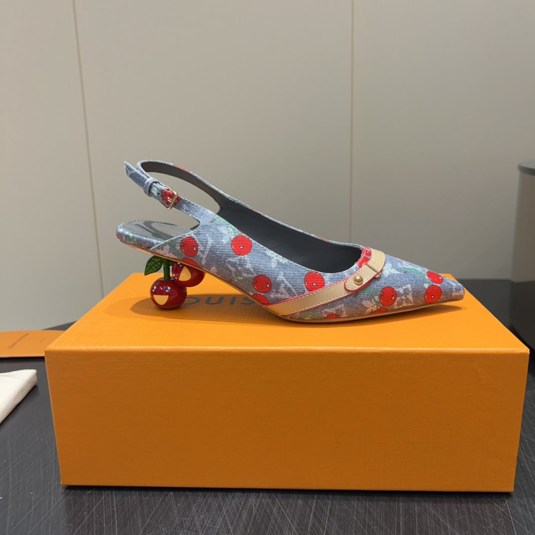 LOUIS VUITTON LV HIGH SLINGBACK LOGO AND CHERRY PRINT 25S 55MM IN GREY DENIM