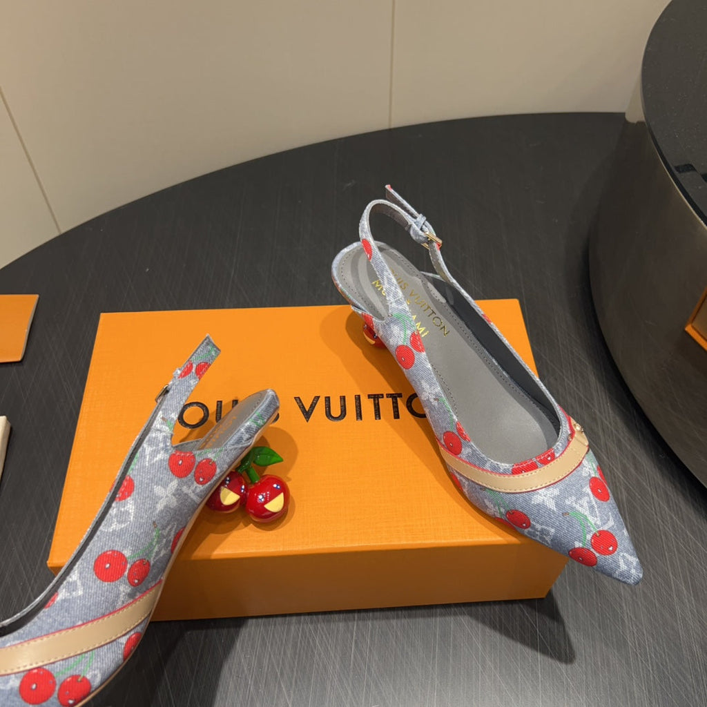 LOUIS VUITTON LV HIGH SLINGBACK LOGO AND CHERRY PRINT 25S 55MM IN GREY DENIM
