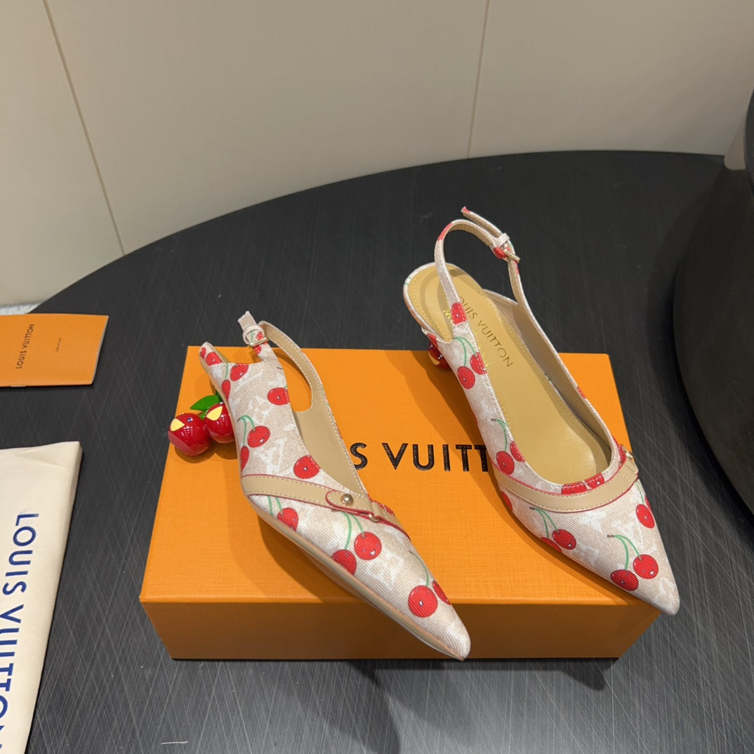 LOUIS VUITTON LV HIGH SLINGBACK LOGO AND CHERRY PRINT 25S 55MM IN BLUSH NUDE DENIM