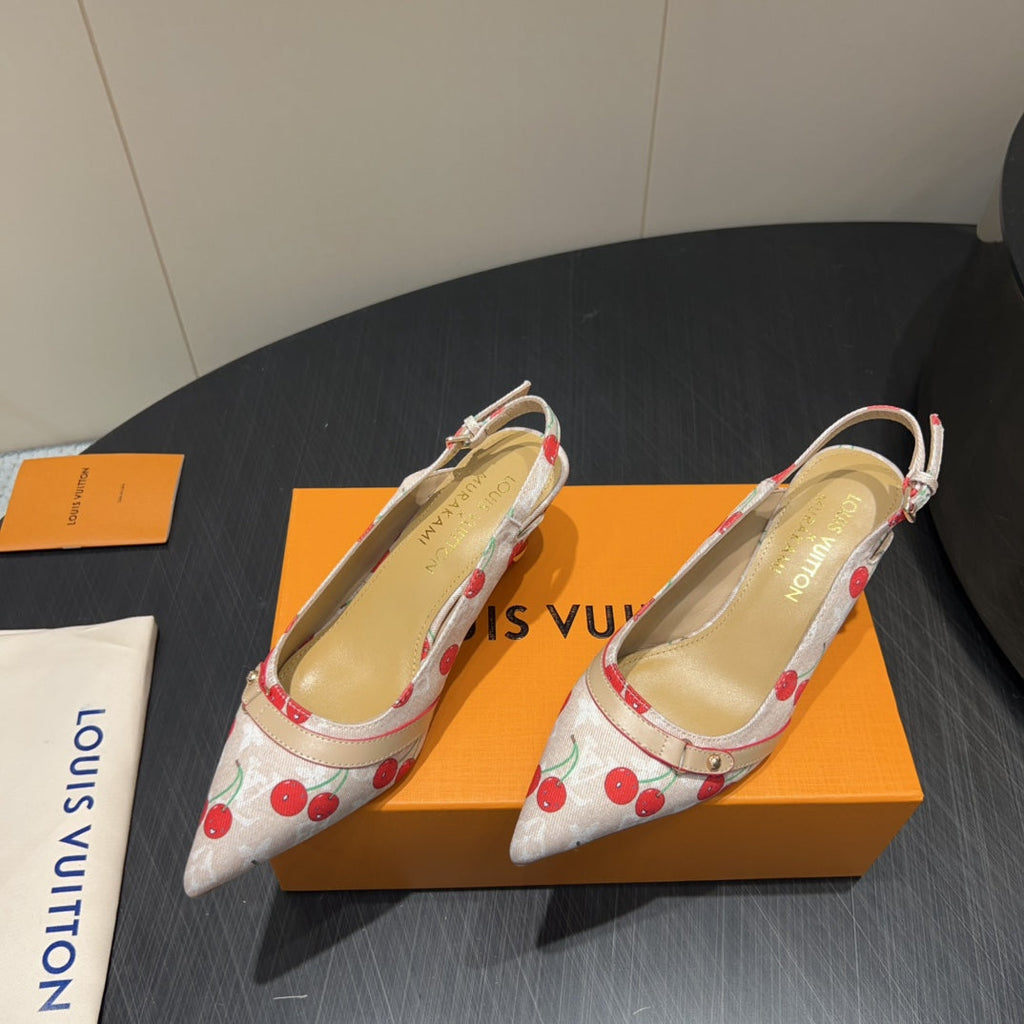 LOUIS VUITTON LV HIGH SLINGBACK LOGO AND CHERRY PRINT 25S 55MM IN BLUSH NUDE DENIM