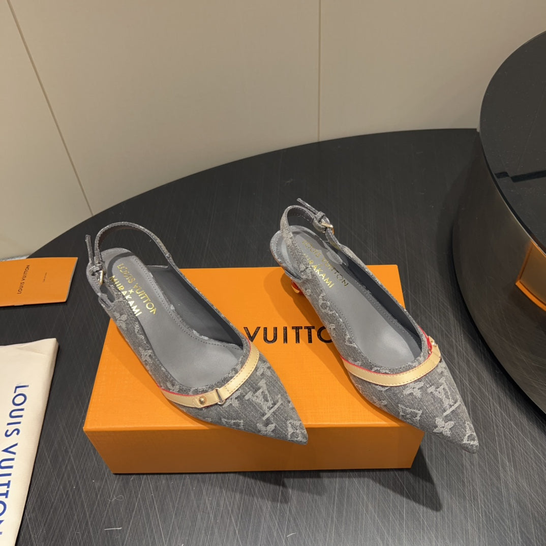 LOUIS VUITTON LV HIGH SLINGBACK LOGO PRINT 25S 55MM IN GREY DENIM