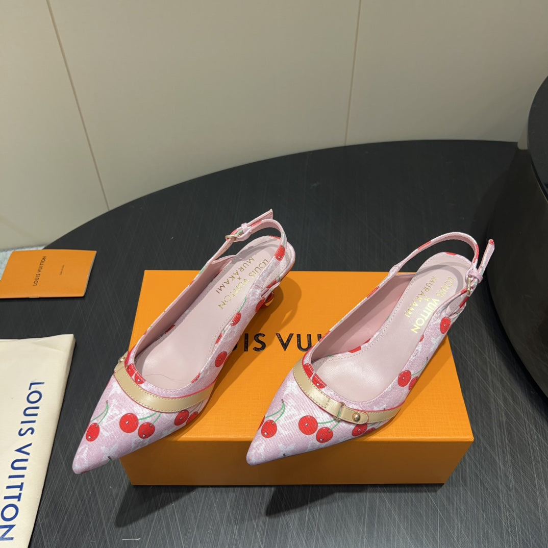LOUIS VUITTON LV HIGH SLINGBACK LOGO AND CHERRY PRINT 25S 55MM IN LIGHT PINK DENIM