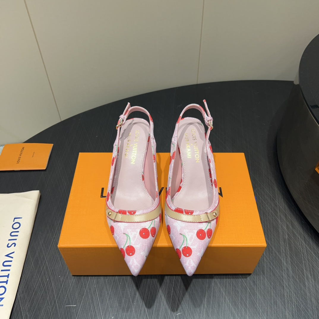 LOUIS VUITTON LV HIGH SLINGBACK LOGO AND CHERRY PRINT 25S 55MM IN LIGHT PINK DENIM