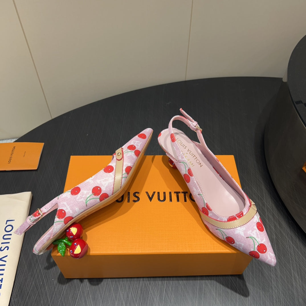 LOUIS VUITTON LV HIGH SLINGBACK LOGO AND CHERRY PRINT 25S 55MM IN LIGHT PINK DENIM