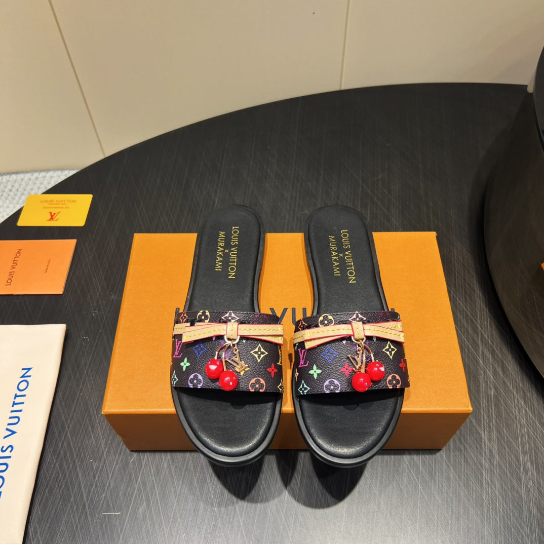 LOUIS VUITTON LV SLIDE SANDALS LOGO PRINT 25S IN BLACK CALFSKIN WITH CHERRY BLOSSOM BUCKLE